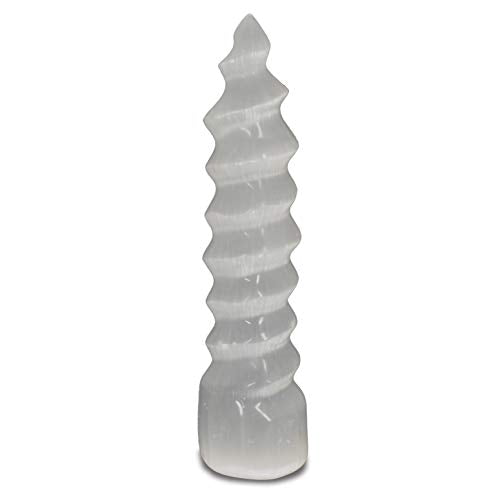 Digging Dolls: 1 Piece Natural White Selenite Hand Carved Spiral Tower - 7 Inch Avg.