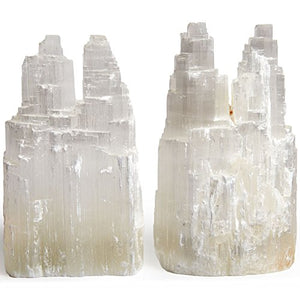 Digging Dolls: 2 pcs Natural White Selenite Double Skyscraper Hand Carved Lamp - 8 Inch Avg. - with Dimmer Switch, Cord and 15 Watt Bulb